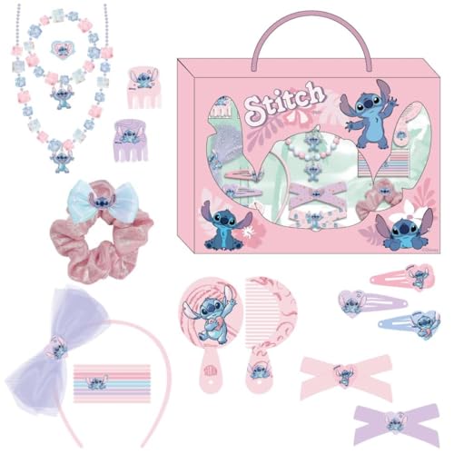 Stitch Beauty-Set – enthält 1 Haargummi aus Stoff, 10 Haargummis, 2 Pinzetten, 3 Haarnadeln, 2 Bürsten, 1 Haarband, 1 Halskette, 1 Armband und 1 Ring – mehrfarbig, Originalprodukt, entworfen in von CERDÁ LIFE'S LITTLE MOMENTS