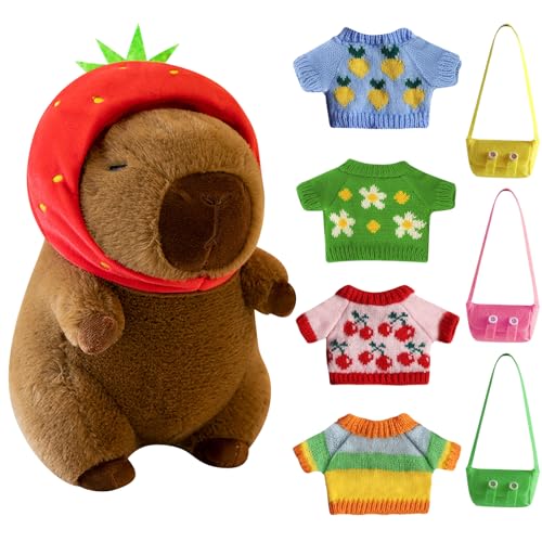 CESHMD Capybara Plüschtier, 23cm Capybara Kuscheltiermit Erdbeermütze, 4 Pullovern & 3 Taschen, Weiches Plüschtier Spielzeug für Kinder Home Deko & Geburtstagsgeschenk von CESHMD