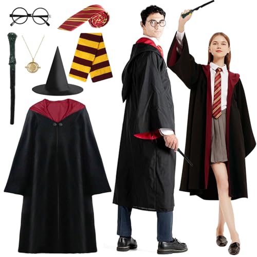 CESHMD Zauberer Cosplay Kostüm, 7 Pcs Magier Robe für Erwachsene mit Umhang, Hut, Zauberstab, Krawatte, Schal, Halskette und Brille, Unisex Uniform für Erwachsene Halloween Karneval Cosplay Kostüme von CESHMD
