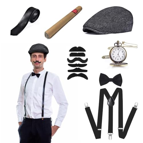 CEWROM 20er Jahre Kostüm Herren Accessoires,Karneval Kostüm Herren Mafia Gatsby Kostüm Set 20er Jahre Accessoires Fasching Kostüme Männer Peaky Blinders Kostüm Hosenträger Herren Kostüm Set Party Deko von CEWROM