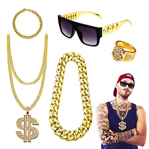 CEWROM 5 Stück Zuhälter Kostüm, 80er 90er Jahre Outfit Herren Rapper Hip Hop Kostüm Goldkette Herren Gangster Gang Sonnenbrille Goldene Dollar Kette Goldring für Karneval Fasching Mottoparty CEWROM 5 Stück Zuhälter Kostüm, 80er 90er Jahre Outfit Herren Rapper Hip Hop Kostüm Goldkette Herren Gangster Gang Sonnenbrille Goldene Dollar Kette Goldring für Karneval Fasching Mottoparty von CEWROM