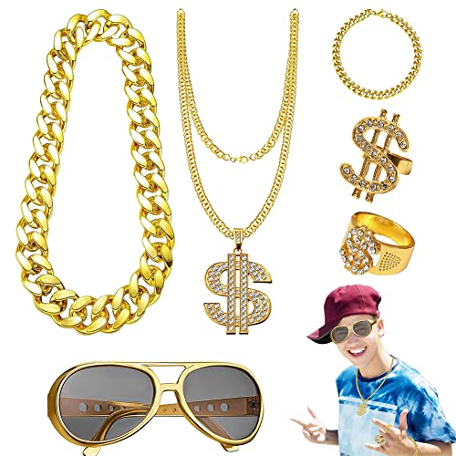 CEWROM Hip Hop Kostüm Set, 4 Stück 80er Jahre Outfit Herren Gangster Schmuck 80/90er Rapper Zubehör Dollarzeichen Goldkette Sonnenbrille Goldring Hippie Costume Set von CEWROM