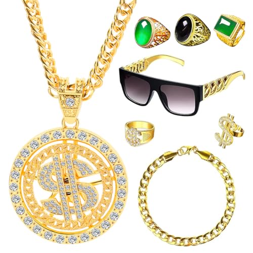 CEWROM Hip Hop Kostüm Set, 8 Stück Rapper Hiphop Kostüm, 80er 90er Jahre Outfit Herren Mottoparty Anzug, Dollar Kette & Ring Armband, Brille, Goldkette für Karneval Cosplay Fasching Party CEWROM Hip Hop Kostüm Set, 8 Stück Rapper Hiphop Kostüm, 80er 90er Jahre Outfit Herren Mottoparty Anzug, Dollar Kette & Ring Armband, Brille, Goldkette für Karneval Cosplay Fasching Party von CEWROM