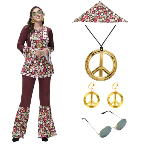 CEWROM Hippie Kostüm Damen, 60er 70er Jahre Hippie Kleid Accessoires, Hippie Kleidung Damen, Faschingskostüme Hippie Mottoparty Kostüm, Schlaghose für Damen Disco Outfit (XXL) von CEWROM