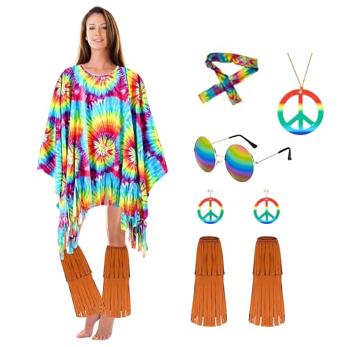 CEWROM Hippie Kostüm Damen, 60er 70er Jahre-Outfits, Damen Kleidung Zubehör mit Hippie Poncho Outfit Faschingskostüme Mädchen Boho Hippie Kostüm für Halloween Karneval Disco Party Cosplay CEWROM Hippie Kostüm Damen, 60er 70er Jahre-Outfits, Damen Kleidung Zubehör mit Hippie Poncho Outfit Faschingskostüme Mädchen Boho Hippie Kostüm für Halloween Karneval Disco Party Cosplay von CEWROM
