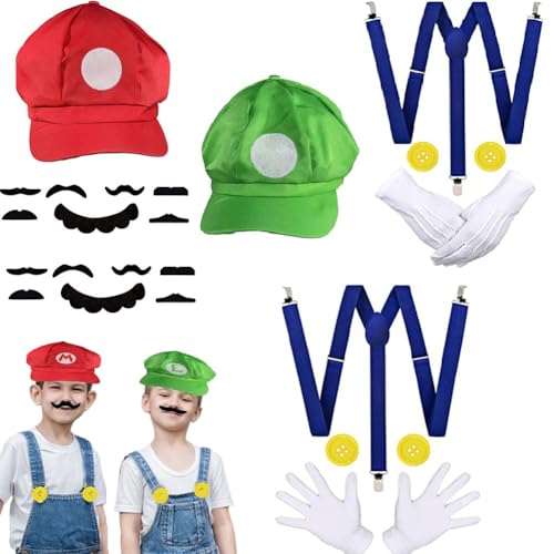CEWROM Mario und Luigi Kostüm Damen Herren, Super Brothers Kostüm Zubehör, Super Bros Kostüm für Cosplay, Super Bros Hut Schnurrbart Handschuhe Knöpfe Hosenträger Set für Erwachsene Kinder Karneval CEWROM Mario und Luigi Kostüm Damen Herren, Super Brothers Kostüm Zubehör, Super Bros Kostüm für Cosplay, Super Bros Hut Schnurrbart Handschuhe Knöpfe Hosenträger Set für Erwachsene Kinder Karneval von CEWROM