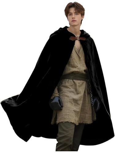 Mittelalterlicher Kapuzenumhang, Renaissance-Umhang mit Kapuze und Handschuhen, Vintage-Capelet, Halloween-Kostüm für Damen und Herren, Schwarz, 39 inch Mittelalterlicher Kapuzenumhang, Renaissance-Umhang mit Kapuze und Handschuhen, Vintage-Capelet, Halloween-Kostüm für Damen und Herren, Schwarz, 39 inch von CFGPMM