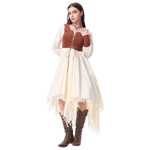 Renaissance-Kleid für Damen, mittelalterliches Kostüm, Ren Faire, langärmelig, Outfit mit brauner Weste für Halloween, Cosplay (Ren Faire Kleid, X-Large) von CFGPMM