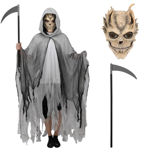 Sensenmann-Kostüm mit Totenkopf-Maske für Erwachsene, gruselig, Halloween, Mittelalter, Kapuzenumhang, Todeshaken, Cosplay, Verkleidung, Horror Sensenmann, 59” Sensenmann-Kostüm mit Totenkopf-Maske für Erwachsene, gruselig, Halloween, Mittelalter, Kapuzenumhang, Todeshaken, Cosplay, Verkleidung, Horror Sensenmann, 59” von CFGPMM
