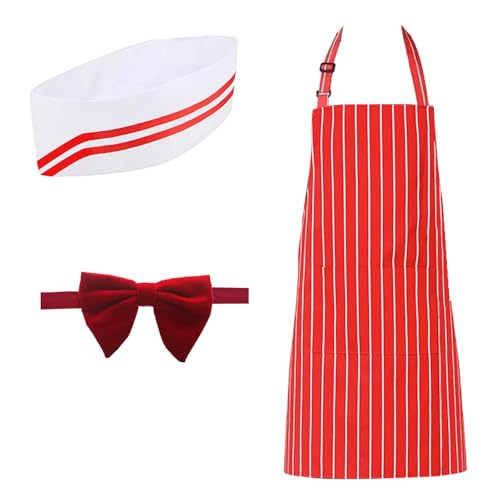 3 Stück 1950er Jahre Kellner Kostüm Kit, Soda Jerk Kostüm Kit rot und weiß gestreifte Schürze Koch Hut rote Schleife Krawatten einstellbar für Erwachsene Kostüm Cosplay Karneval Zirkus Party Halloween von CFHOOAY