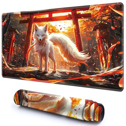 Niedliche Spielmatte für MTG-Kartenspiel, 69,8 x 39,9 cm, rutschfeste Schreibtischunterlage mit glatter Oberfläche und genähtem Rand, für TCG-Karte, Brettspiele, Zubehör, weißer Fuchs von CGFGHHUY