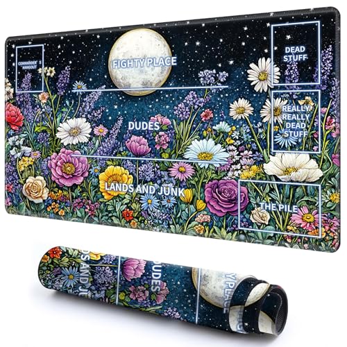 Niedliche Spielmatte mit Zonen -1 für MTG-Kartenspiel, 69,8 x 39,9 cm, rutschfeste Schreibtischunterlage mit glatter Oberfläche und genähtem Rand für TCG-Kartenspiele, Zubehör – bunte Blumen und Mond Niedliche Spielmatte mit Zonen -1 für MTG-Kartenspiel, 69,8 x 39,9 cm, rutschfeste Schreibtischunterlage mit glatter Oberfläche und genähtem Rand für TCG-Kartenspiele, Zubehör – bunte Blumen und Mond von CGFGHHUY