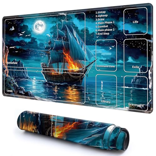 Niedliche Spielmatte mit Zonen -2 für MTG-Kartenspiel, 59,9 x 34,8 cm, rutschfeste Schreibtischunterlage mit glatter Oberfläche und genähtem Rand für TCG-Karten-Brettspiele, Zubehör, Mondschiff, blaue Niedliche Spielmatte mit Zonen -2 für MTG-Kartenspiel, 59,9 x 34,8 cm, rutschfeste Schreibtischunterlage mit glatter Oberfläche und genähtem Rand für TCG-Karten-Brettspiele, Zubehör, Mondschiff, blaue von CGFGHHUY