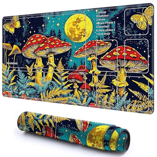 Niedliche Spielmatte mit Zonen -2 für MTG-Kartenspiel, 59,9 x 34,8 cm, rutschfeste Schreibtischunterlage mit glatter Oberfläche und genähtem Rand für TCG-Karten-Brettspiele, Zubehör, Pilz von CGFGHHUY