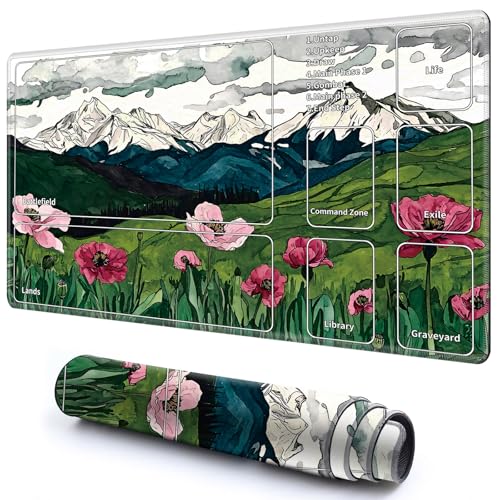 Niedliche Spielmatte mit Zonen -2 für MTG-Kartenspiel, 59,9 x 34,8 cm, rutschfeste Schreibtischunterlage mit glatter Oberfläche und genähtem Rand für TCG-Karten-Brettspiele, Zubehör, Rosa Blumen Berg von CGFGHHUY