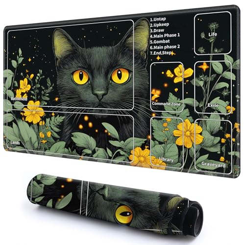 Niedliche Spielmatte mit Zonen -2 für MTG-Kartenspiel, 59,9 x 34,8 cm, rutschfeste Schreibtischunterlage mit glatter Oberfläche und genähtem Rand für TCG-Kartenspiele, Zubehör, schwarze Katze, gelbe Niedliche Spielmatte mit Zonen -2 für MTG-Kartenspiel, 59,9 x 34,8 cm, rutschfeste Schreibtischunterlage mit glatter Oberfläche und genähtem Rand für TCG-Kartenspiele, Zubehör, schwarze Katze, gelbe von CGFGHHUY