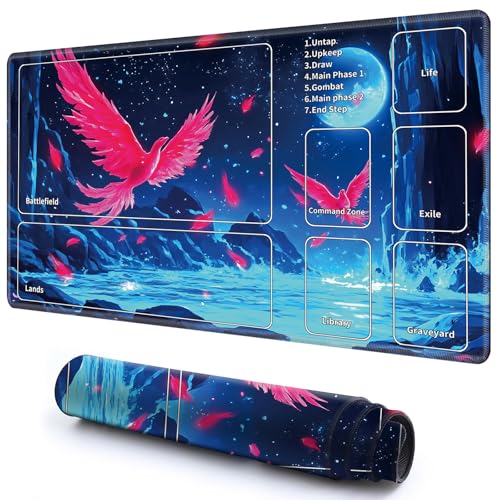 Niedliche Spielmatte mit Zonen -2 für MTG-Kartenspiel, 69,8 x 39,9 cm, rutschfeste Schreibtischunterlage mit glatter Oberfläche und genähtem Rand für TCG-Karten-Spiele-Zubehör, roter Vogel, Mond, Meer Niedliche Spielmatte mit Zonen -2 für MTG-Kartenspiel, 69,8 x 39,9 cm, rutschfeste Schreibtischunterlage mit glatter Oberfläche und genähtem Rand für TCG-Karten-Spiele-Zubehör, roter Vogel, Mond, Meer von CGFGHHUY