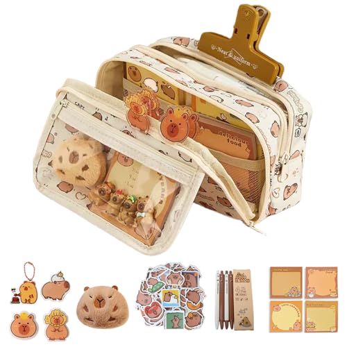 CGTQROVR Capybara Pencil Case, mehrschichtige Bleistifttasche, Reißverschluss Capybara-Tasche mit Stift, Puppenkeyring, Brosche, Aufkleber, Klebrennote und Clip von CGTQROVR