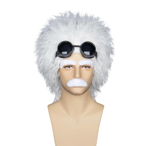 CGVG 4 Stück Verrückte Professor Wissenschaftler Kostüm Set Weiße Perücke mit Augenbrauen Schnurrbart Brille Bart Perücke Alter Mann Kostüm Zubehör für Halloween Cosplay Fasching Karneval Kostümparty CGVG 4 Stück Verrückte Professor Wissenschaftler Kostüm Set Weiße Perücke mit Augenbrauen Schnurrbart Brille Bart Perücke Alter Mann Kostüm Zubehör für Halloween Cosplay Fasching Karneval Kostümparty von CGVG