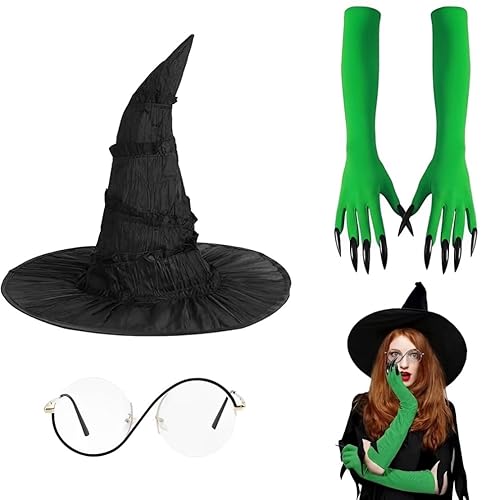 CGVG Hexen Kostüm Zubehör Set Hexenhut Brille Grüne Handschuhe für Damen Frauen für Halloween Hexe Cosplay Kostümparty von CGVG