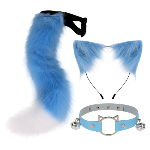 CGVG Katzenkostüm 3 Stück Katzen Kostüm Katzenohren Haarreif Halsband Katzenschwanz Halloween Katzenkostüm für Erwachsener Damen Frauen Tierkostüm für Halloween Cosplay Party (Blau & Weiß) von CGVG
