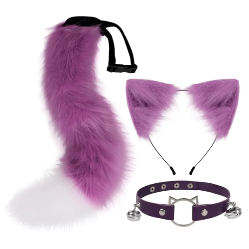 CGVG Katzenkostüm 3 Stück Katzen Kostüm Katzenohren Haarreif Halsband Katzenschwanz Halloween Katzenkostüm für Erwachsener Damen Frauen Tierkostüm für Halloween Cosplay Party (Lila & Weiß) von CGVG