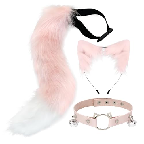 CGVG Katzenkostüm 3 Stück Katzen Kostüm Katzenohren Haarreif Halsband Katzenschwanz Halloween Katzenkostüm für Erwachsener Damen Frauen Tierkostüm für Halloween Cosplay Party (Rosa & Weiß) von CGVG