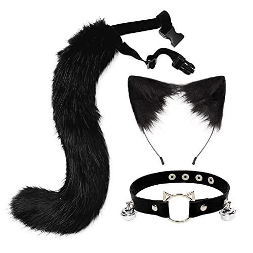 CGVG Katzenkostüm 3 Stück Katzen Kostüm Katzenohren Haarreif Halsband Katzenschwanz Halloween Katzenkostüm für Erwachsener Damen Frauen Tierkostüm für Halloween Cosplay Party (Schwarz) von CGVG