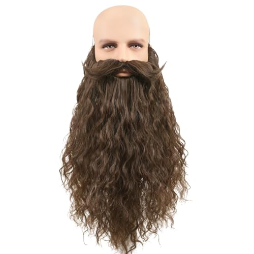 CGVG Langer Lockiger Fake Bart Schnurrbart Künstlicher Vollbart Falsche Bärte Halloween Bart mit Elastische Kordel Bart Kostüm für Herren Männer Cosplay Fasching Karneval Halloween (Braun) von CGVG