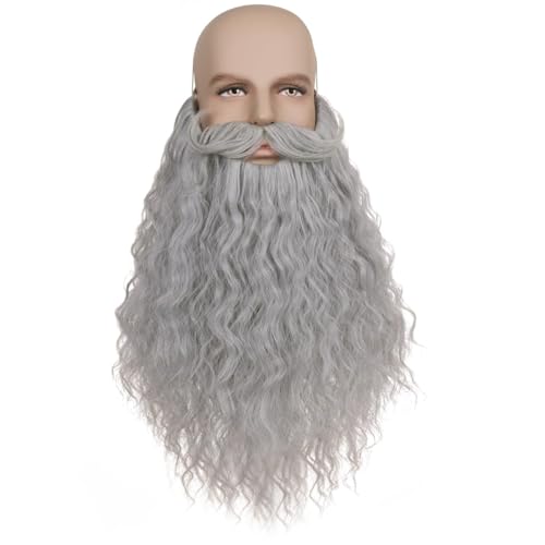 CGVG Langer Lockiger Fake Bart Schnurrbart Künstlicher Vollbart Falsche Bärte Halloween Bart mit Elastische Kordel Bart Kostüm für Herren Männer Cosplay Fasching Karneval Halloween (Grau) von CGVG