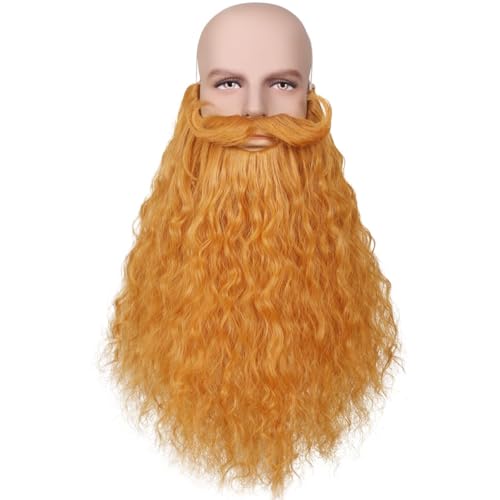 CGVG Langer Lockiger Fake Bart Schnurrbart Künstlicher Vollbart Falsche Bärte Halloween Bart mit Elastische Kordel Bart Kostüm für Herren Männer Cosplay Fasching Karneval Halloween (Ingwerfarbe) von CGVG