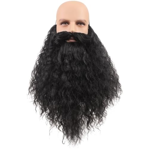 CGVG Langer Lockiger Fake Bart Schnurrbart Künstlicher Vollbart Falsche Bärte Halloween Bart mit Elastische Kordel Bart Kostüm für Herren Männer Cosplay Fasching Karneval Halloween (Schwarz) von CGVG