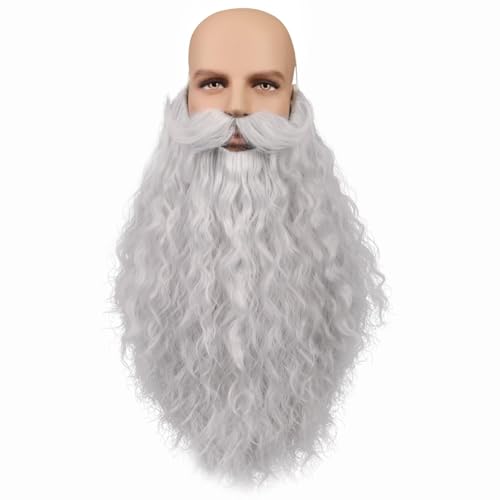 CGVG Langer Lockiger Fake Bart Schnurrbart Künstlicher Vollbart Falsche Bärte Halloween Bart mit Elastische Kordel Bart Kostüm für Herren Männer Cosplay Fasching Karneval Halloween (Silberweiß) von CGVG