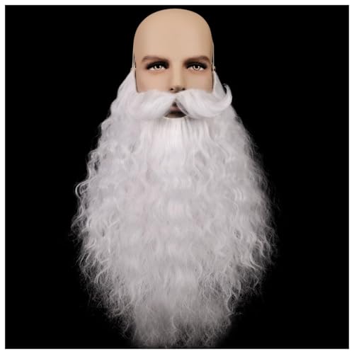 CGVG Langer Lockiger Fake Bart Schnurrbart Künstlicher Vollbart Falsche Bärte Halloween Bart mit Elastische Kordel Bart Kostüm für Herren Männer Cosplay Fasching Karneval Halloween (Weiß) von CGVG