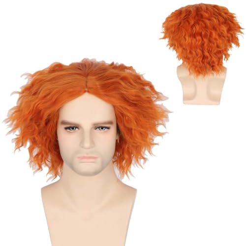 CGVG Verrückter Hutmacher Perücke Kurze Lockige Orange Perücke für Herren Hutmacher Kostüm Zubehör Clown Perücke für Halloween Karneval Cosplay von CGVG