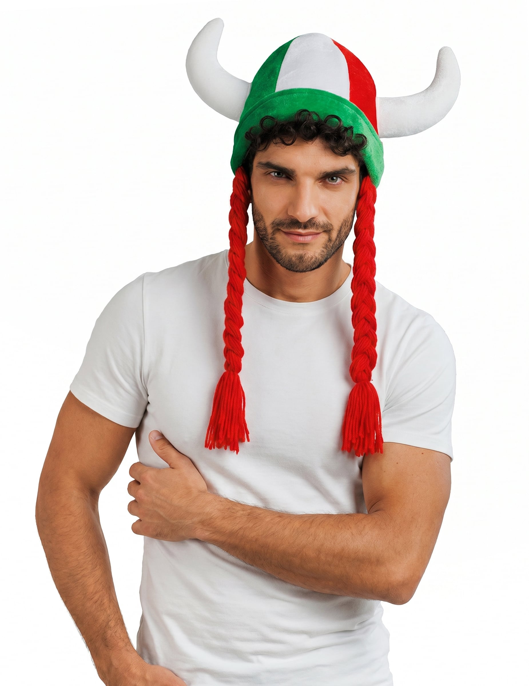 Italien Fan-Helm aus Stoff mit Hörnern und Zöpfen Grün Weiß Rot Italien Fan-Helm aus Stoff mit Hörnern und Zöpfen Grün Weiß Rot von CHAKS