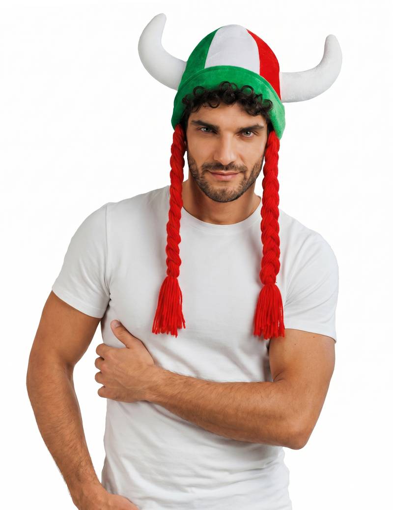 Italien Fan-Helm aus Stoff mit Hörnern und Zöpfen Grün Weiß Rot Italien Fan-Helm aus Stoff mit Hörnern und Zöpfen Grün Weiß Rot von CHAKS