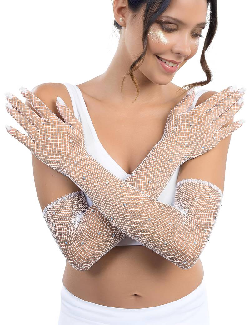 Netzhandschuhe Lang Weiß Strass für Erwachsene von CHAKS