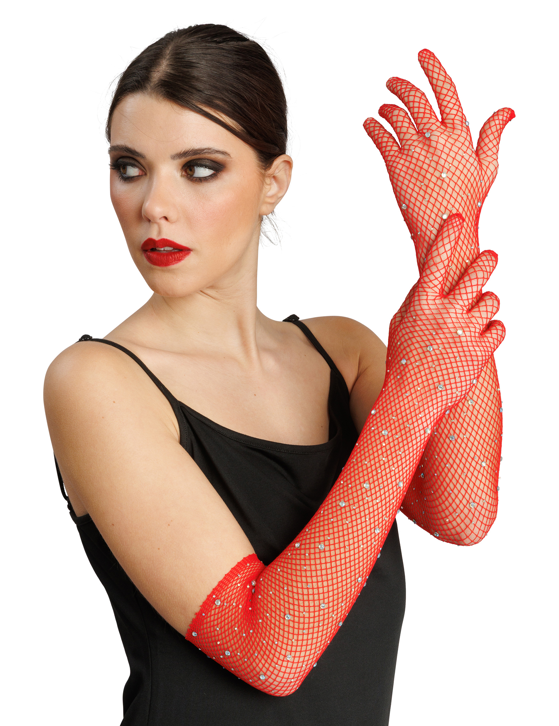 Rote Netz-Handschuhe mit Strass für Erwachsene Rote Netz-Handschuhe mit Strass für Erwachsene von CHAKS