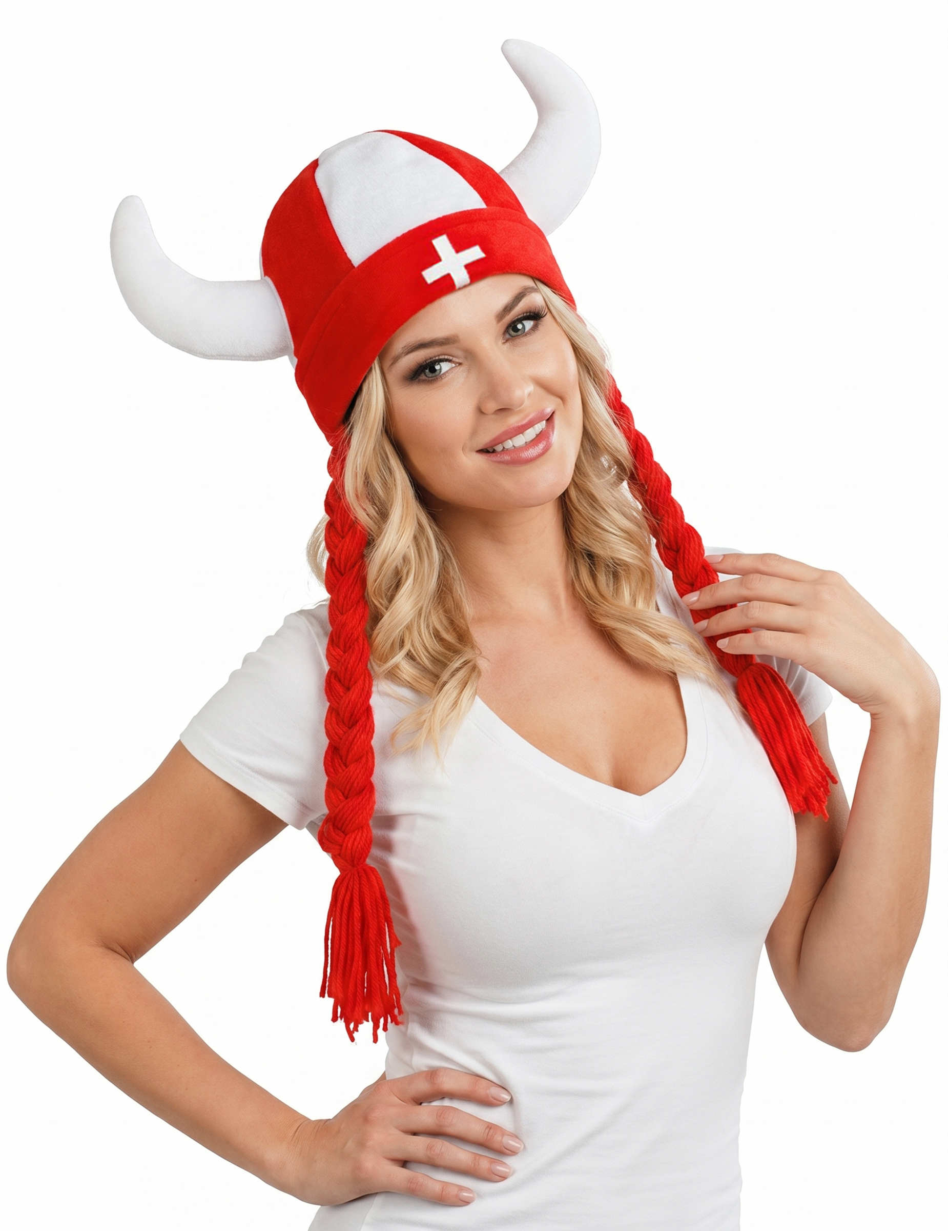Schweiz Fan-Helm aus Stoff mit Hörnern und Zöpfen Schweiz Fan-Helm aus Stoff mit Hörnern und Zöpfen von CHAKS