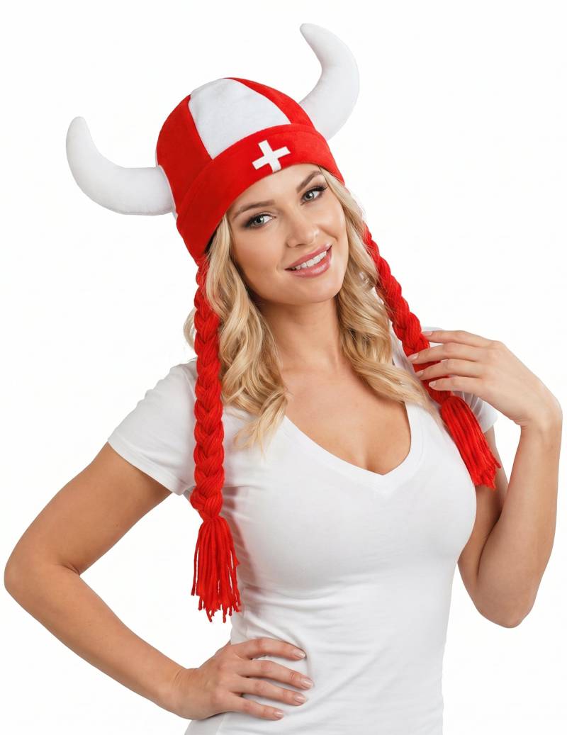 Schweiz Fan-Helm aus Stoff mit Hörnern und Zöpfen Schweiz Fan-Helm aus Stoff mit Hörnern und Zöpfen von CHAKS