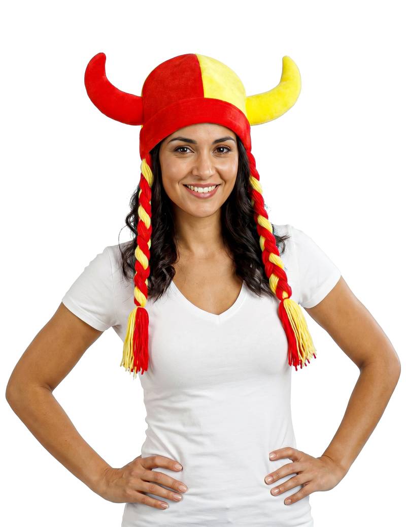 Spanien Fan-Helm aus Stoff mit Hörnern und Zöpfen Rot Gelb Spanien Fan-Helm aus Stoff mit Hörnern und Zöpfen Rot Gelb von CHAKS