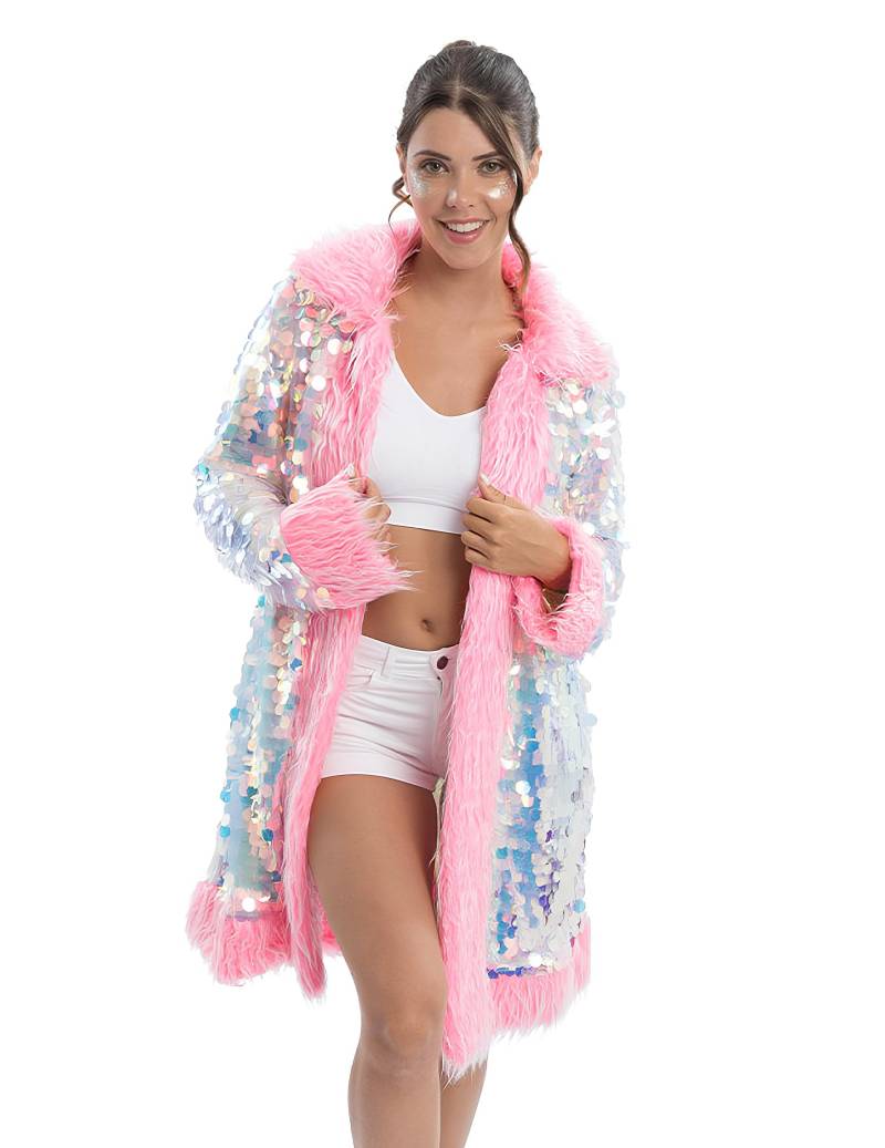 Wendbarer Paillettenmantel mit Kunstfell pink für Erwachsene von CHAKS