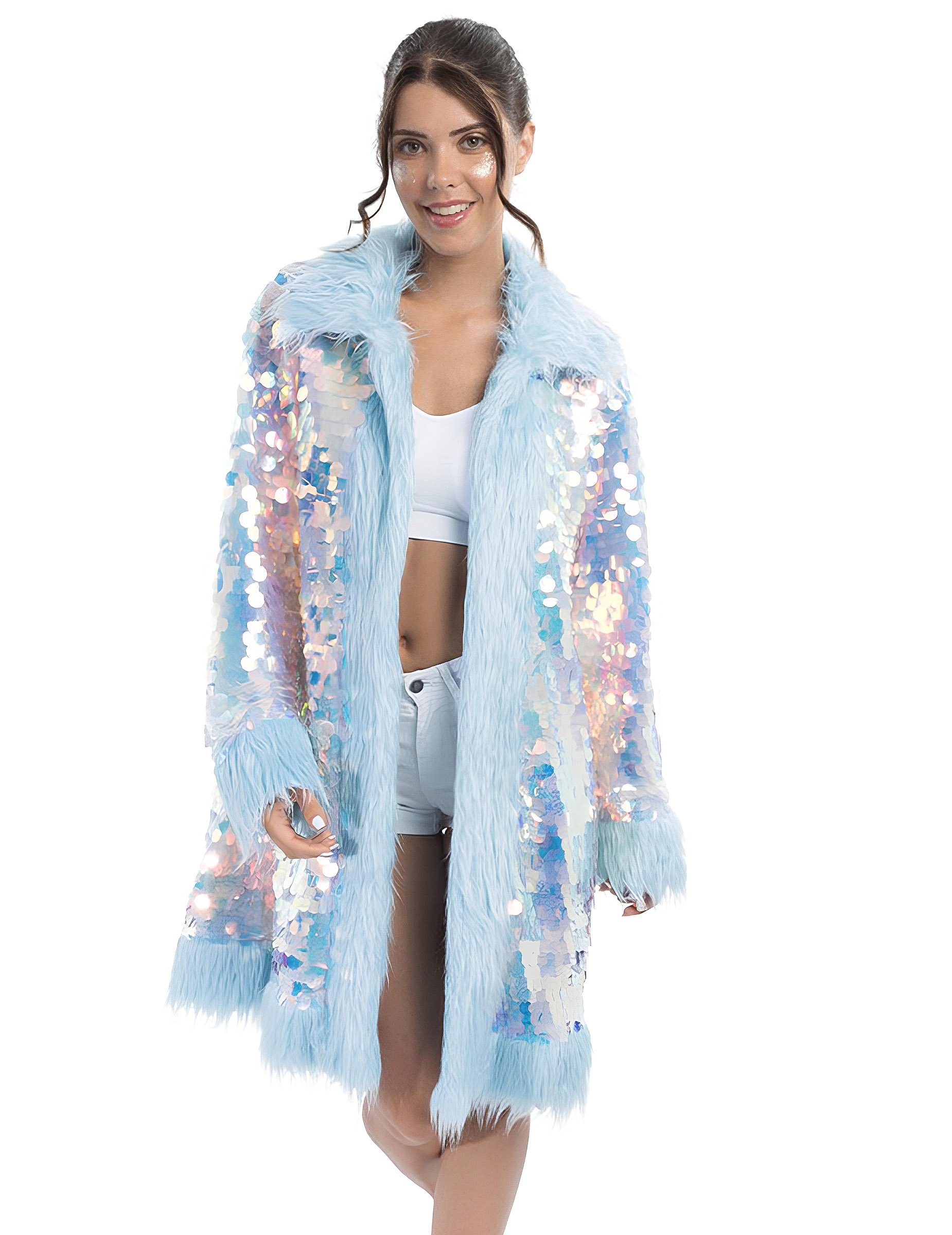 Wendemantel mit Pailletten und Kunstfell für Erwachsene blau von CHAKS