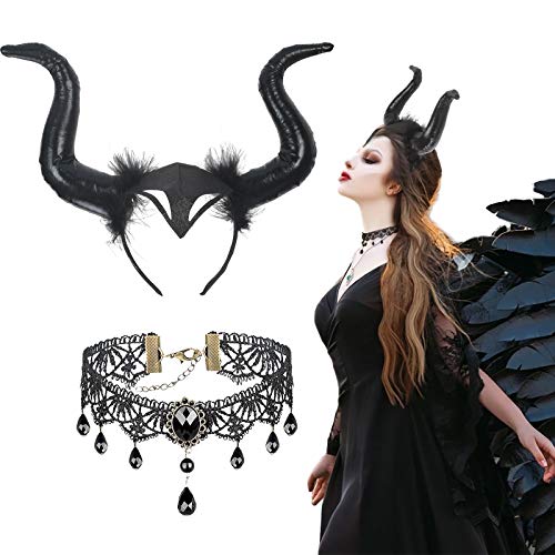 CHALA 2TLG Königin Hörner Kostüm Set Horn Kopfschmuck mit Gothic Spitze Halskette Hexenkostüm Schwarz Kopfbedeckung Teufel Haarschmuck Halloween Damen für Cosplay Maskerade Karneval Fasching CHALA 2TLG Königin Hörner Kostüm Set Horn Kopfschmuck mit Gothic Spitze Halskette Hexenkostüm Schwarz Kopfbedeckung Teufel Haarschmuck Halloween Damen für Cosplay Maskerade Karneval Fasching von CHALA