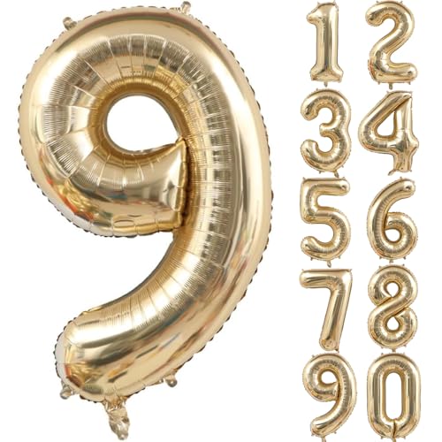 40 Zoll Gold Luftballon Zahl 9 - Hellgold Champagner Ballon für 9. Geburtstag Deko - Folienballon Riesenzahl für Party, Hochzeit, Kindergeburtstag (Nummer 9) von CHANGZHONG