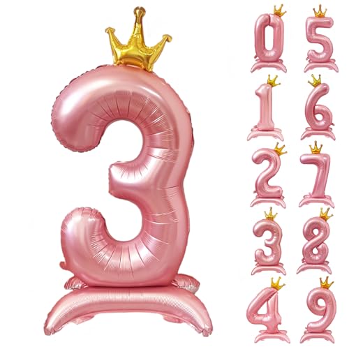 42 Zoll Rosa Zahl Ballon Stehende Zahl 3 Luftballon mit Krone Rosa Krone Ballon Zahlen 0-9 Groß Helium Ballons für Geburtstag Party Dekorationen Hochzeit Deko von CHANGZHONG