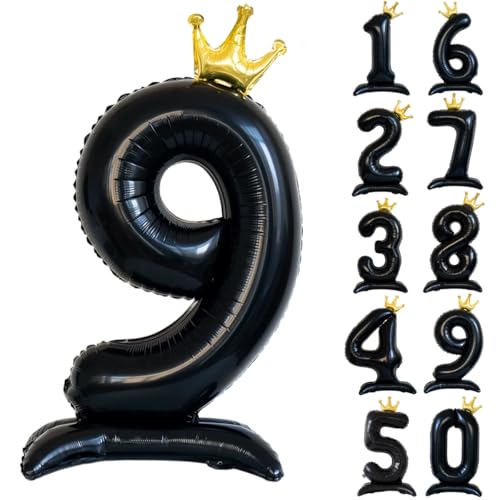 42 Zoll Schwarz Zahl Ballon Stehende Zahl 9 Luftballon mit Krone Schwarz Krone Ballon Zahlen 0-9 Groß Helium Ballons für Geburtstag Party Dekorationen Hochzeit Deko von CHANGZHONG