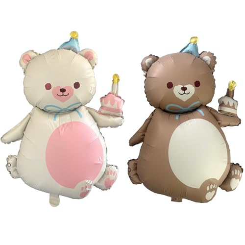 Bär Luftballons Geburtstag Ballon Großer Brauner Bär Folienballons Baby Show Geburtstag Party Dekoration 2 Stück Teddybär Halten Kuchen Ballons（Braun und Creme Weiß） von CHANGZHONG