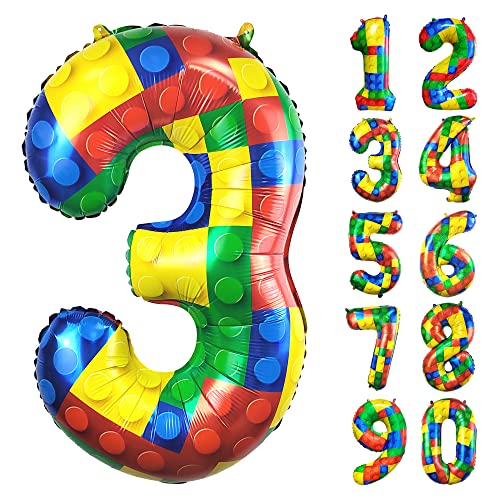 CHANGZHONG® Baustein Geburtstag Ballon Zahl 3 in Farbe Riesen Folienballon Mylar luftballon für Mädchen Jungen Geburtstag Party Dekoration Supplies von CHANGZHONG